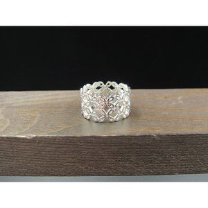 Size 6 Sterling Silver Simple Cute Flower Pattern Wide Band Ring